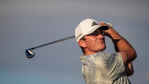 Nick Dunlap tees off on 17 on the Pete Dye Stadium Course during the final round of The American Express at PGA West in La Quinta, Calif., Sunday, Jan. 21, 2024.  